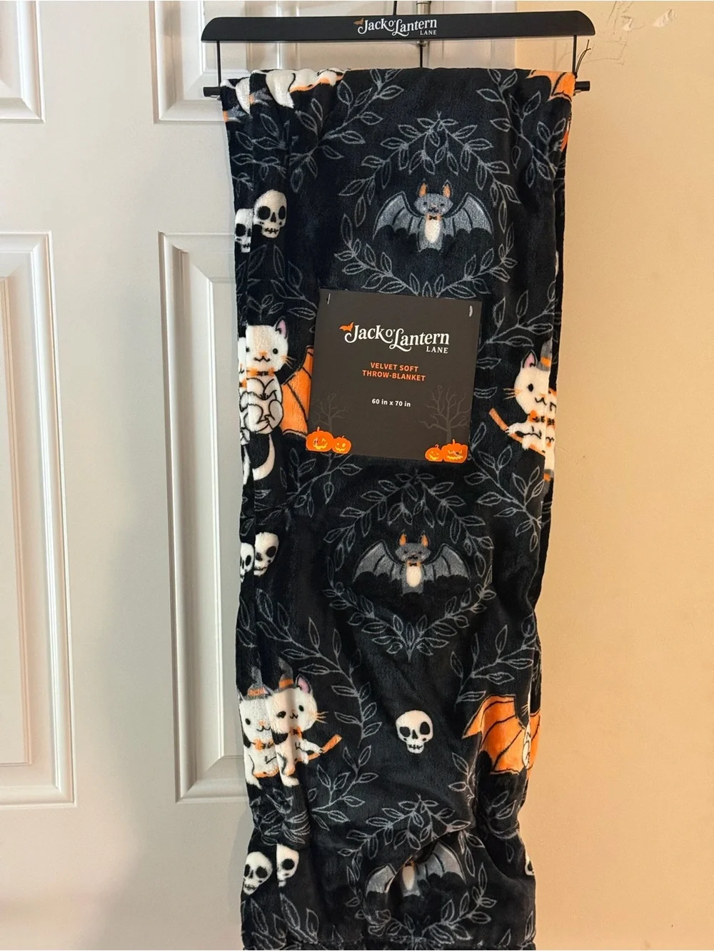 Jack O’Lantern Lane Halloween Velvet Soft Throw Blanket with Cats, Bats & Skulls